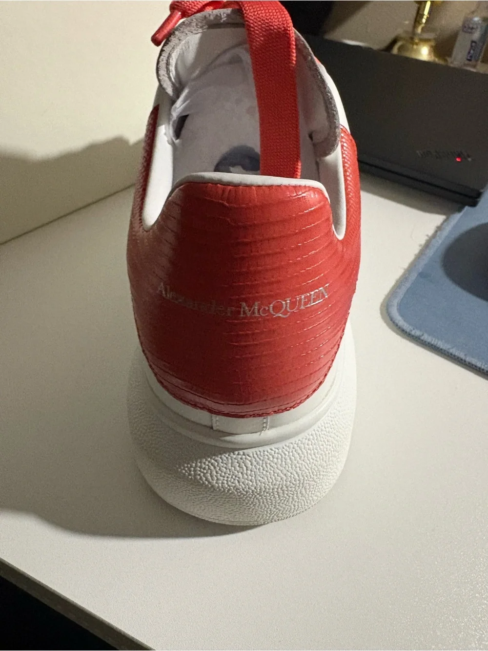 Women Alexander McQueen White Sneakers with Coral Laces and Heel Accent